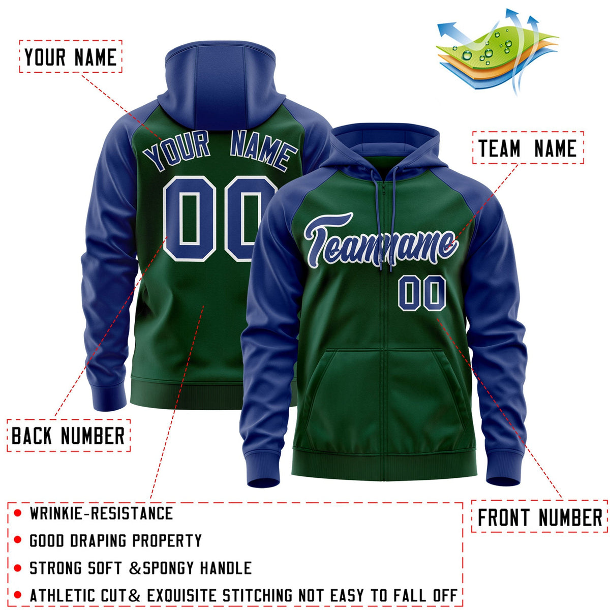 Custom Stitched Green Royal-White Raglan Sleeves Sports Full-Zip Sweatshirt Hoodie| KXKSHOP