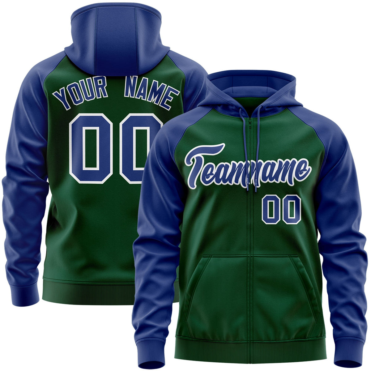Custom Stitched Green Royal-White Raglan Sleeves Sports Full-Zip Sweatshirt Hoodie| KXKSHOP