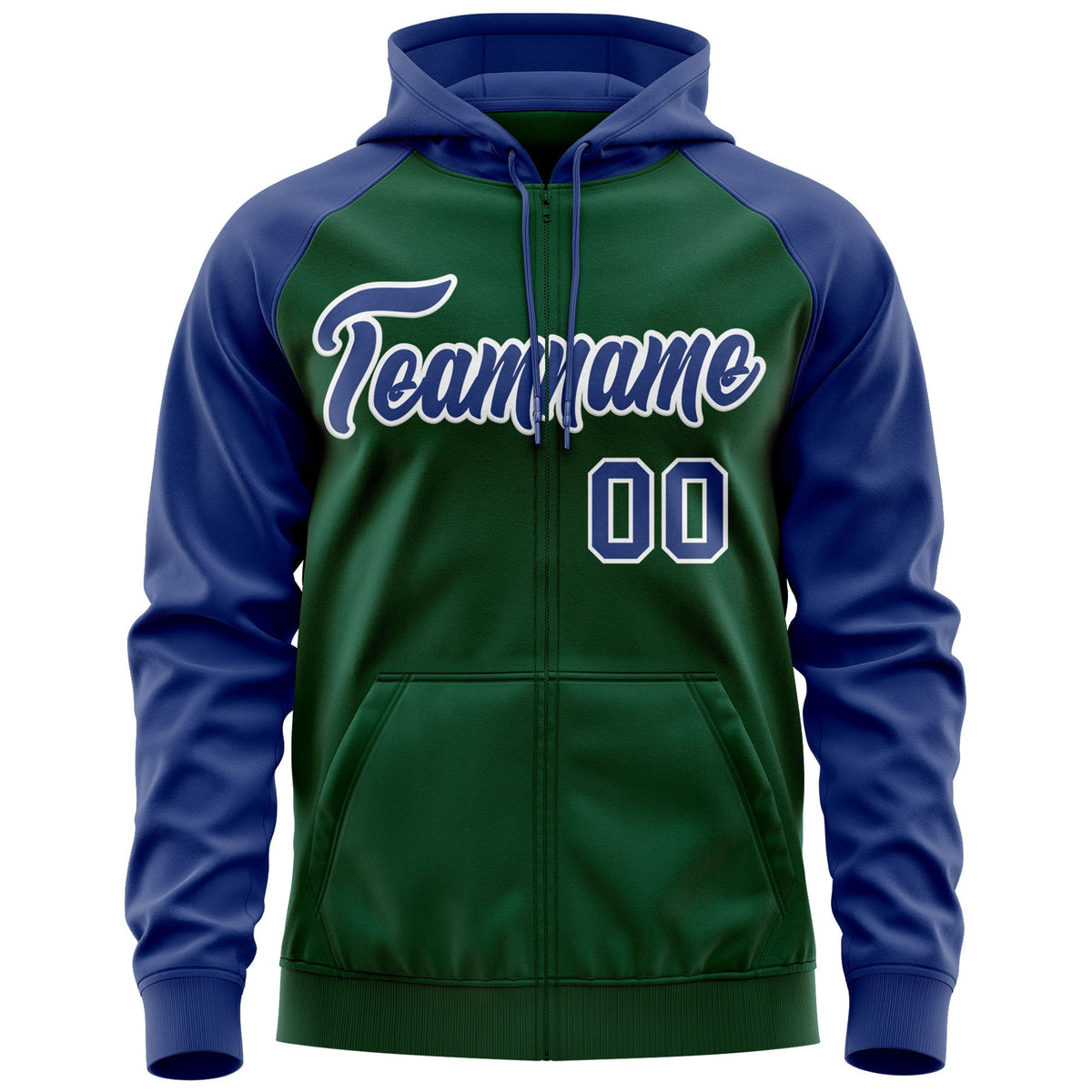 Custom Stitched Green Royal-White Raglan Sleeves Sports Full-Zip Sweatshirt Hoodie| KXKSHOP