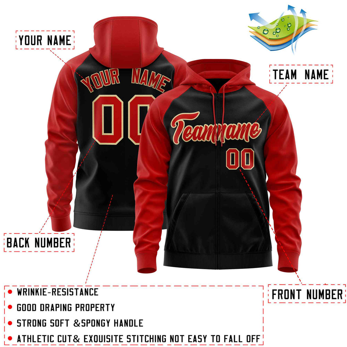 Custom Stitched Black Red Raglan Sleeves Sports Full-Zip Sweatshirt Hoodie| KXKSHOP