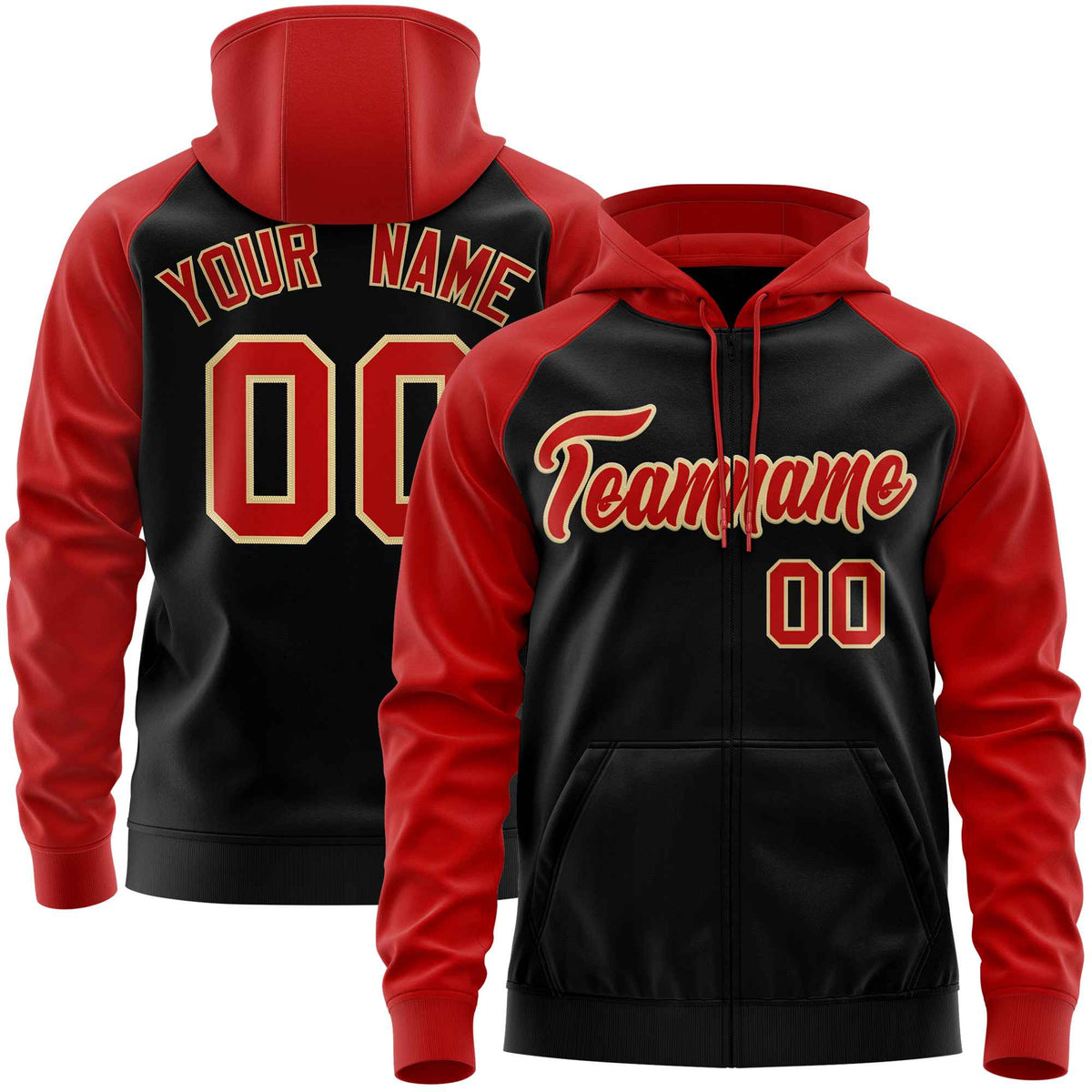 Custom Stitched Black Red Raglan Sleeves Sports Full-Zip Sweatshirt Hoodie| KXKSHOP