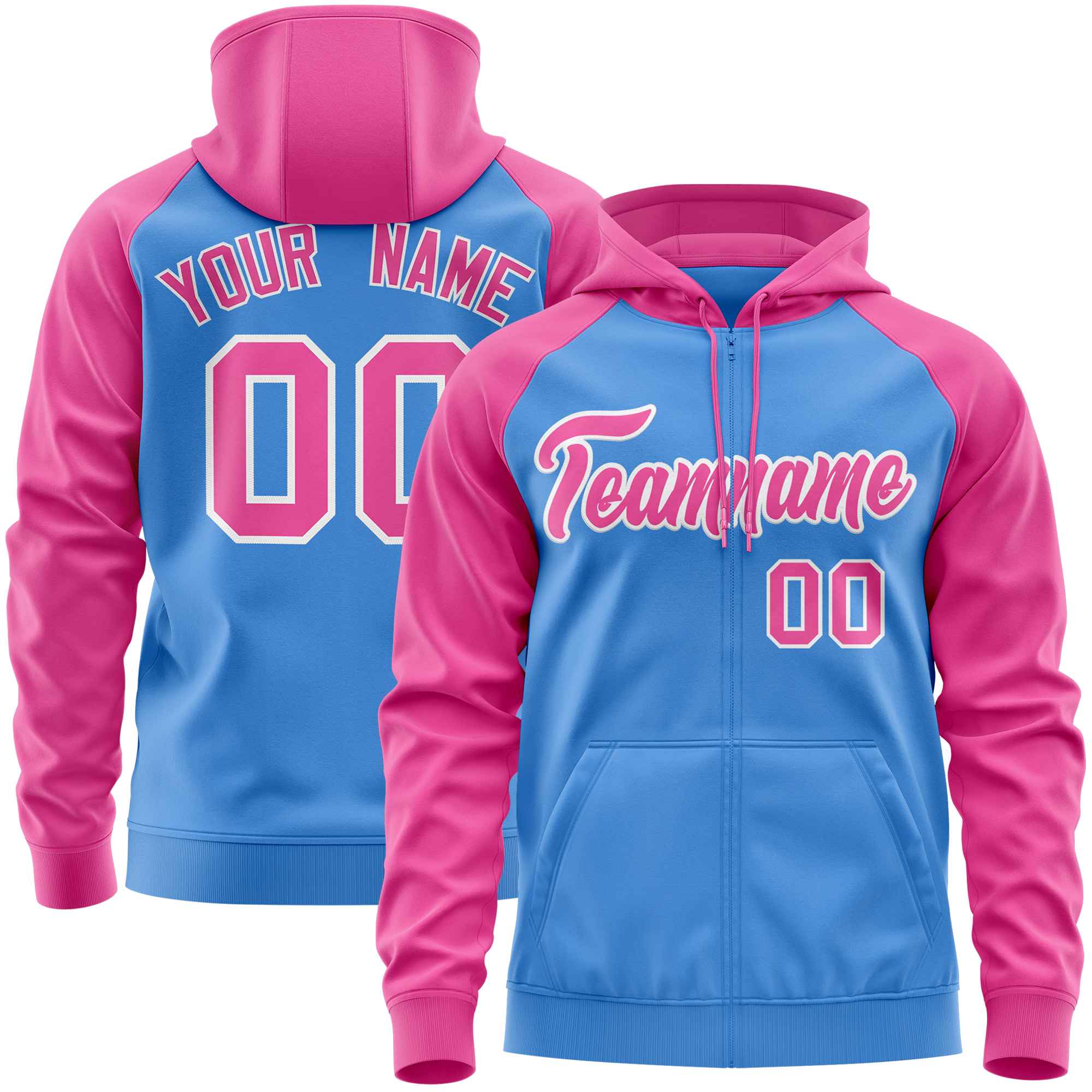 Custom Stitched Powder Blue Pink Raglan Sleeves Sports Full-Zip Sweatshirt Hoodie| KXKSHOP