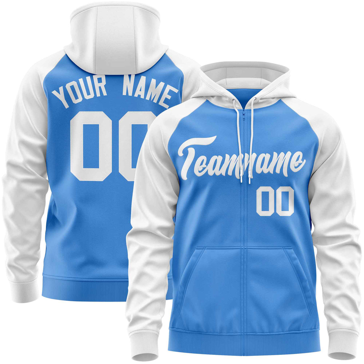 Custom Stitched Powder Blue White Raglan Sleeves Sports Full-Zip Sweatshirt Hoodie| KXKSHOP