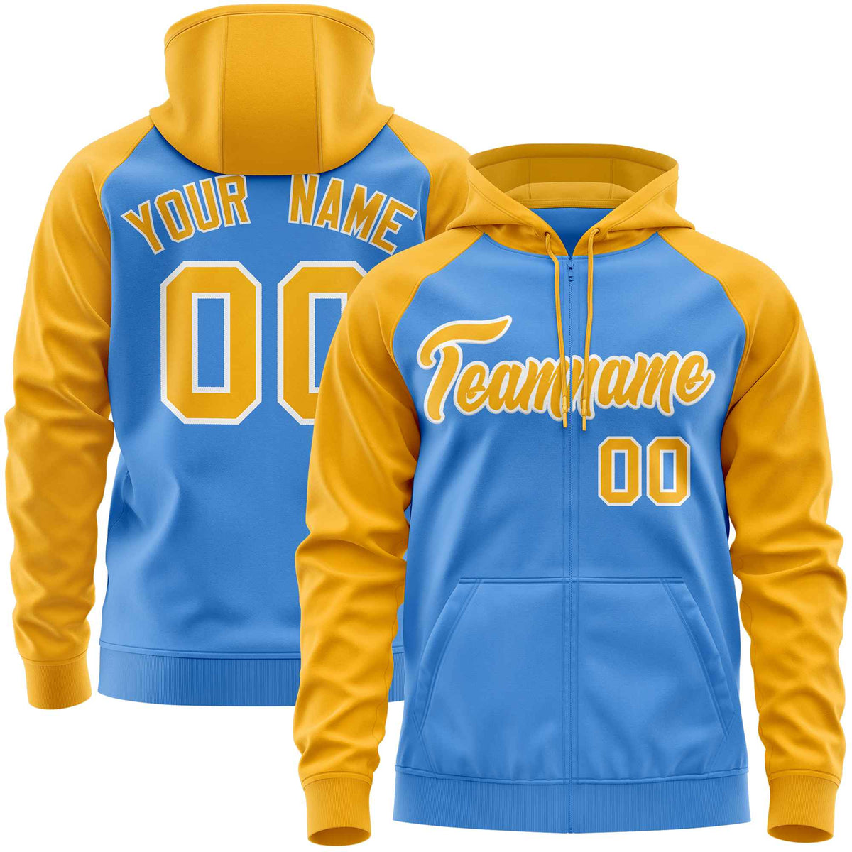 Custom Stitched Powder Blue Gold Raglan Sleeves Sports Full-Zip Sweatshirt Hoodie| KXKSHOP