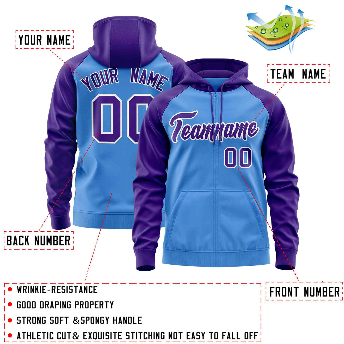 Custom Stitched Powder Blue Purple Raglan Sleeves Sports Full-Zip Sweatshirt Hoodie| KXKSHOP