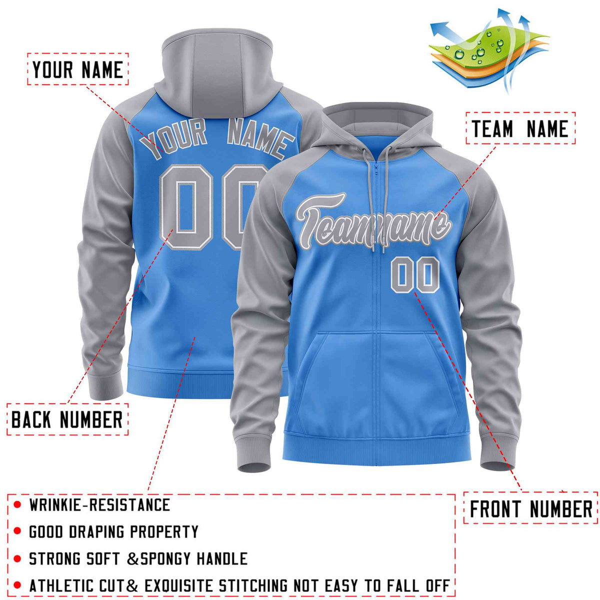 Custom Stitched Powder Blue Light Gray Raglan Sleeves Sports Full-Zip Sweatshirt Hoodie| KXKSHOP