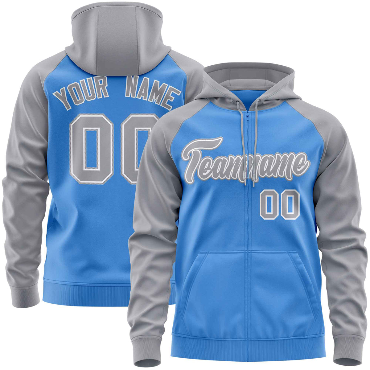 Custom Stitched Powder Blue Light Gray Raglan Sleeves Sports Full-Zip Sweatshirt Hoodie| KXKSHOP