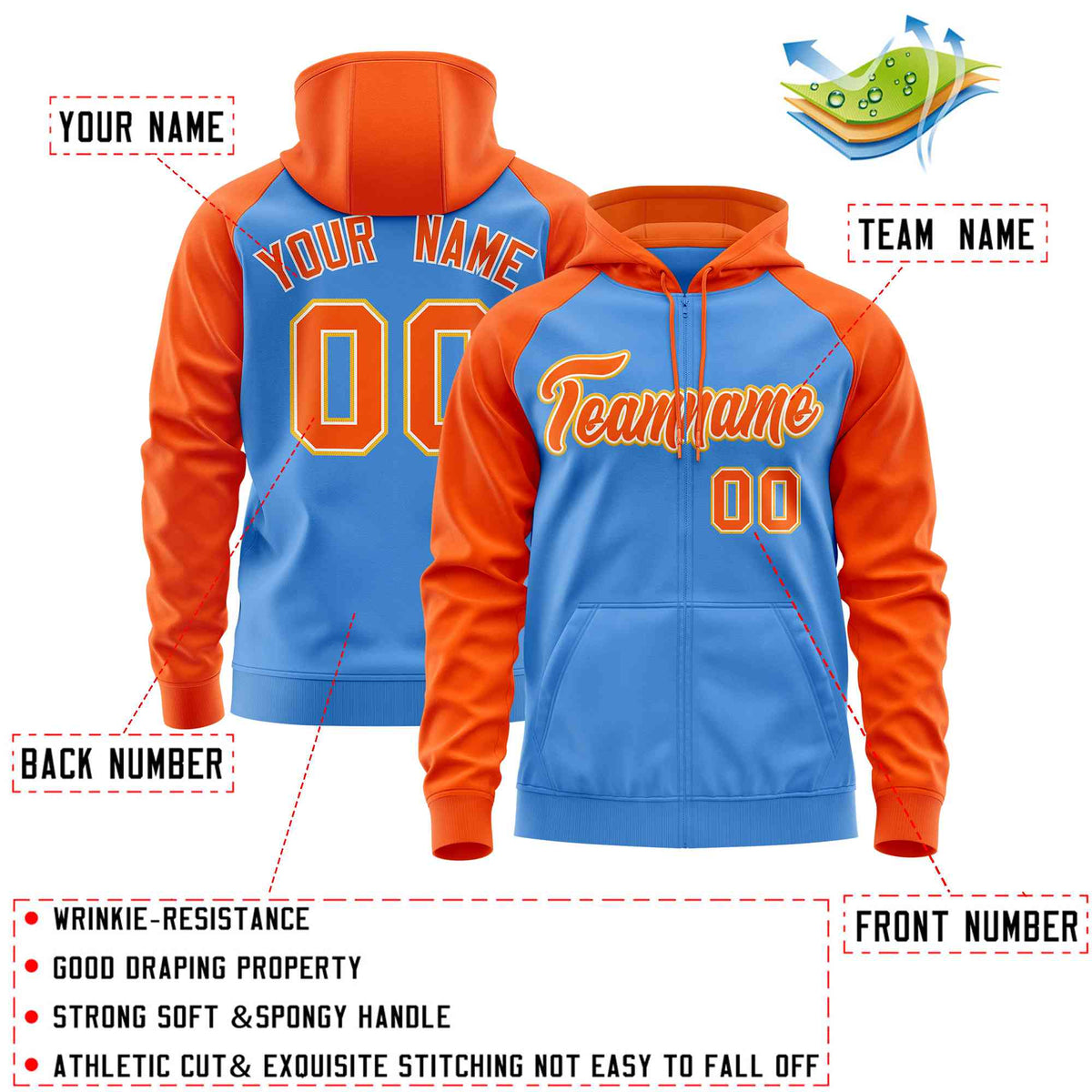 Custom Stitched Powder Blue Orange Raglan Sleeves Sports Full-Zip Sweatshirt Hoodie| KXKSHOP