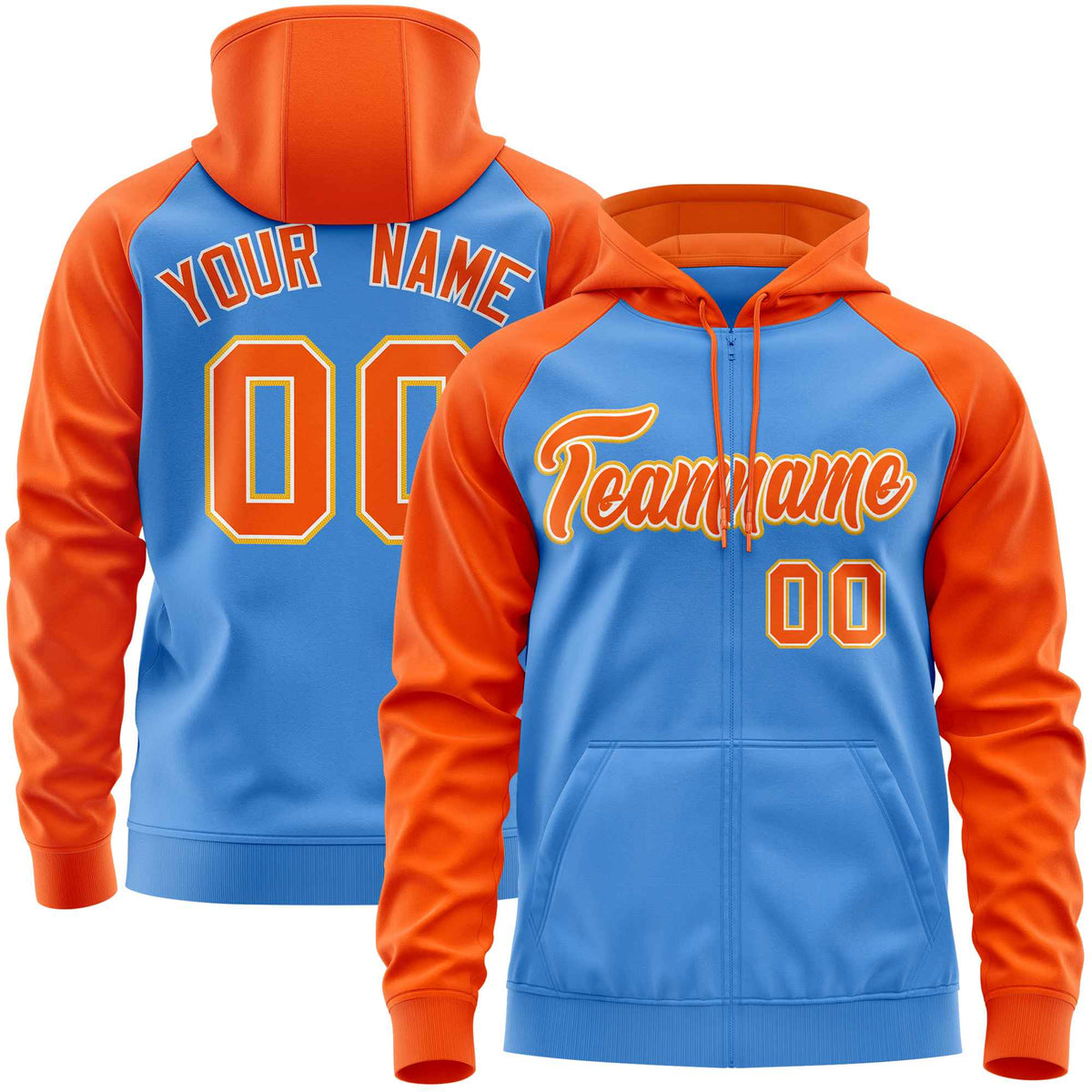Custom Stitched Powder Blue Orange Raglan Sleeves Sports Full-Zip Sweatshirt Hoodie| KXKSHOP