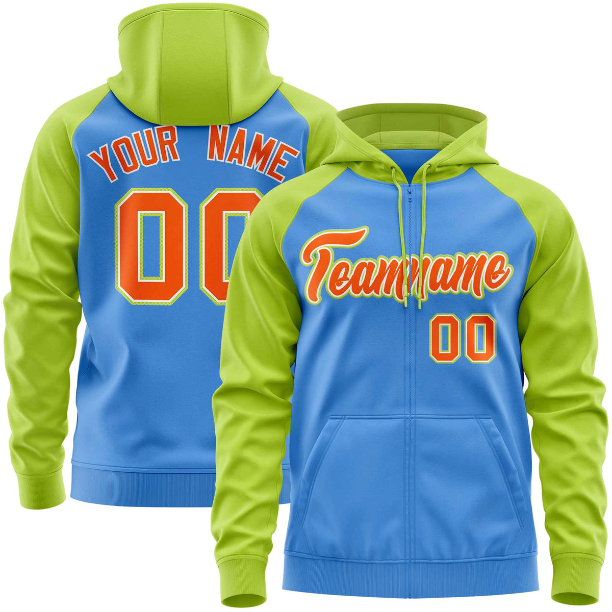 Custom Stitched Powder Blue Neon Green-Orange Raglan Sleeves Sports Full-Zip Sweatshirt Hoodie| KXKSHOP