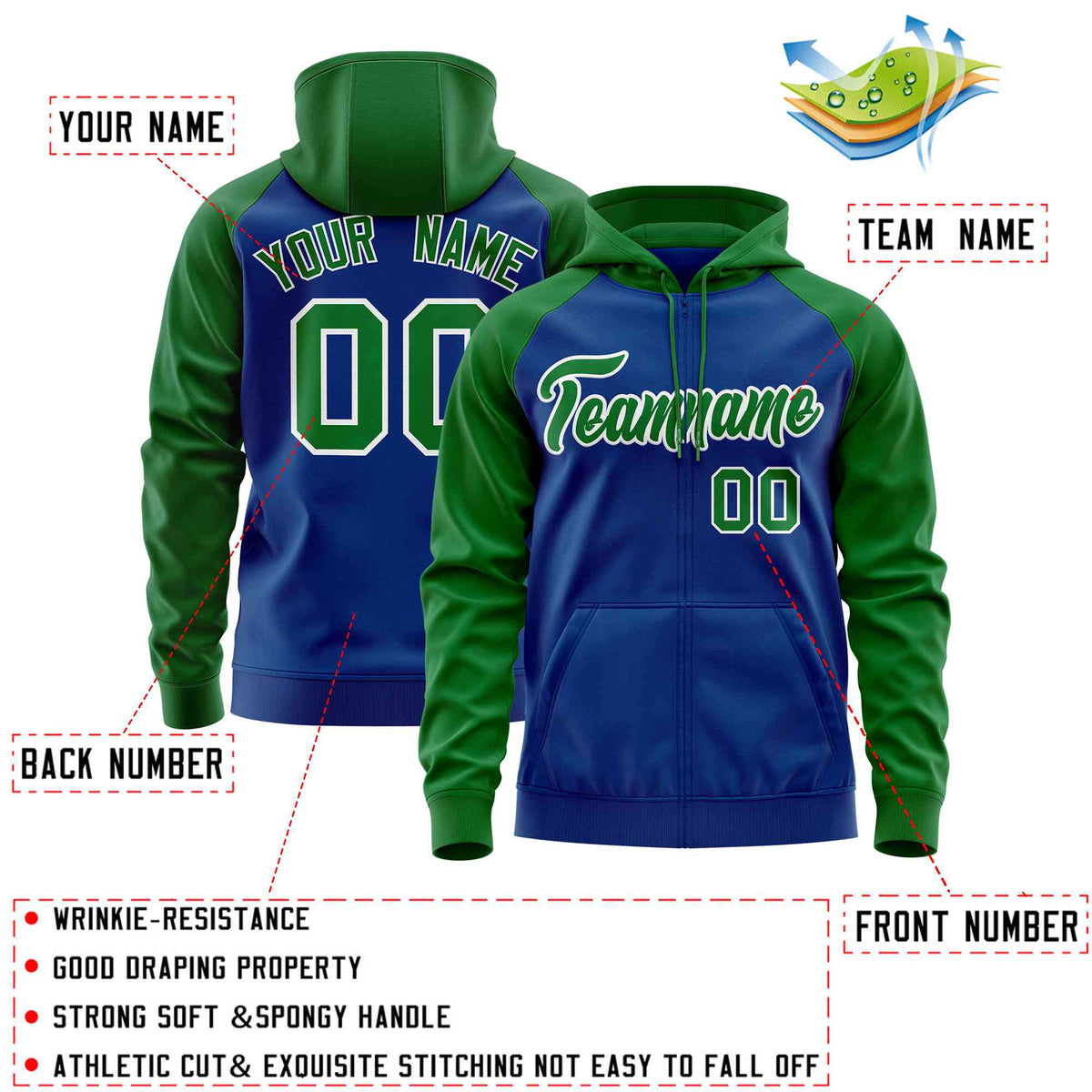 Custom Stitched Royal Kelly Green Raglan Sleeves Sports Full-Zip Sweatshirt Hoodie| KXKSHOP