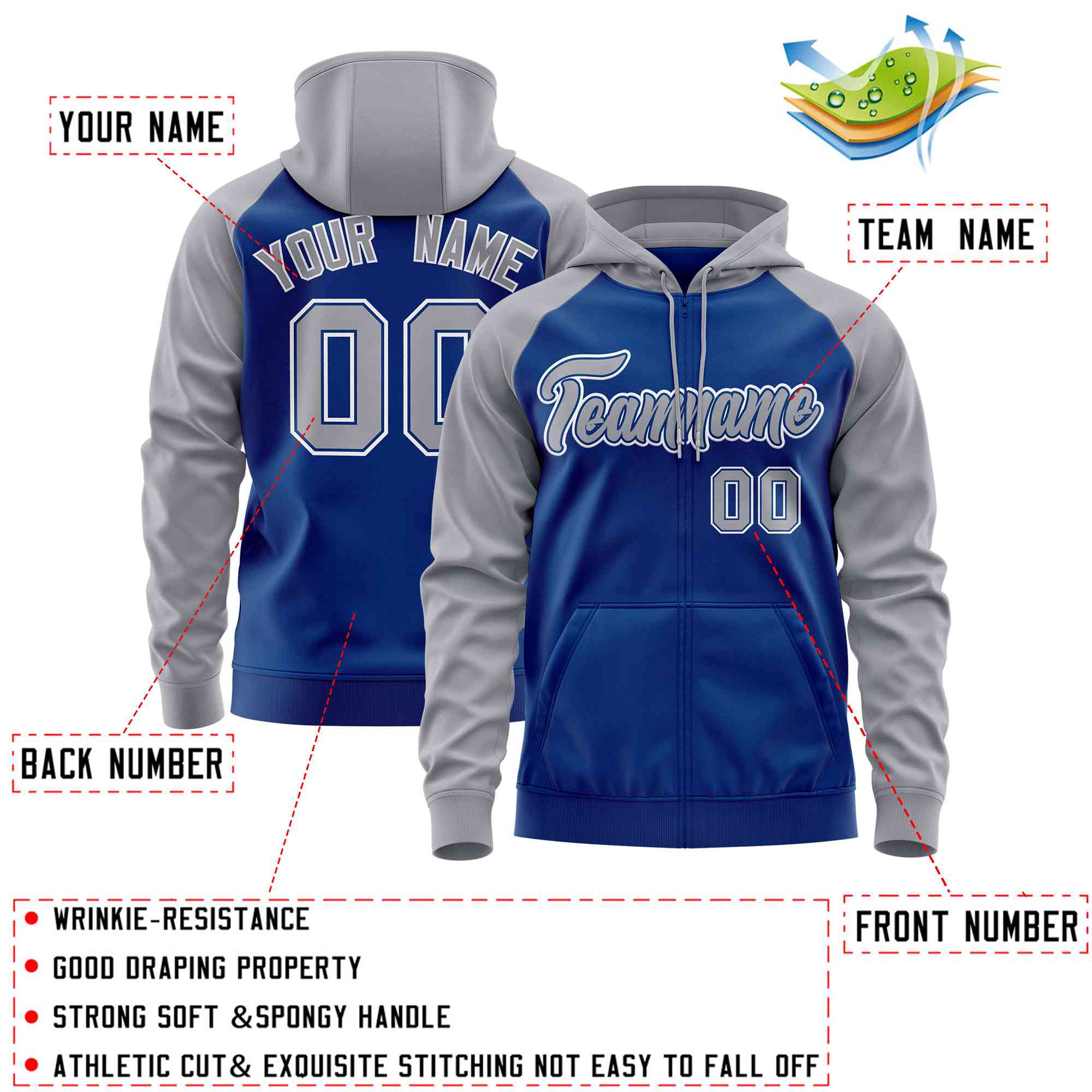 Custom Stitched Royal Light Gray Raglan Sleeves Sports Full-Zip Sweatshirt Hoodie| KXKSHOP