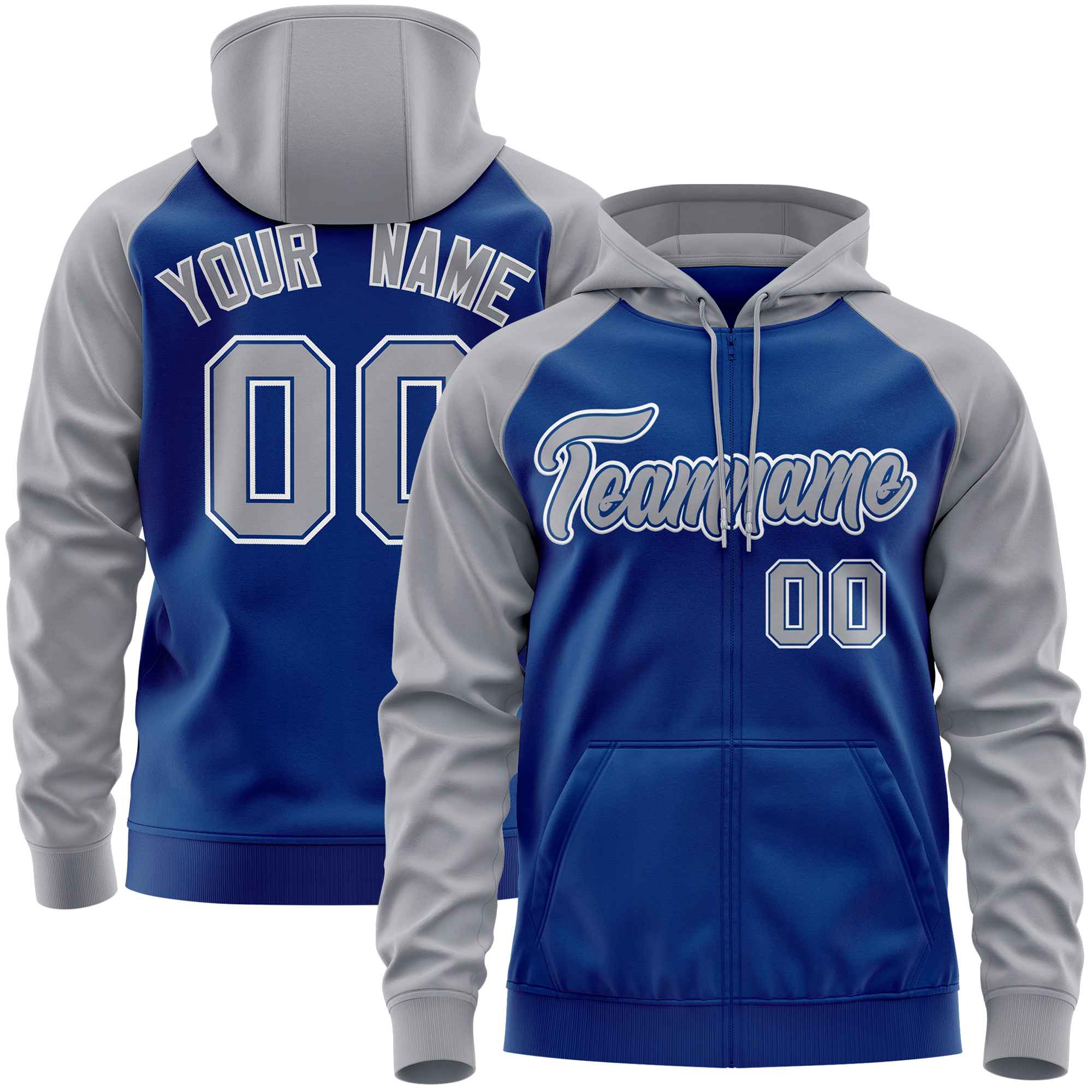 Custom Stitched Royal Light Gray Raglan Sleeves Sports Full-Zip Sweatshirt Hoodie| KXKSHOP