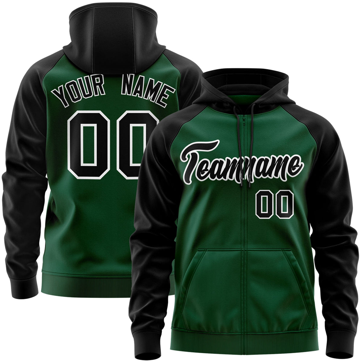 Custom Stitched Green Black-White Raglan Sleeves Sports Full-Zip Sweatshirt Hoodie| KXKSHOP