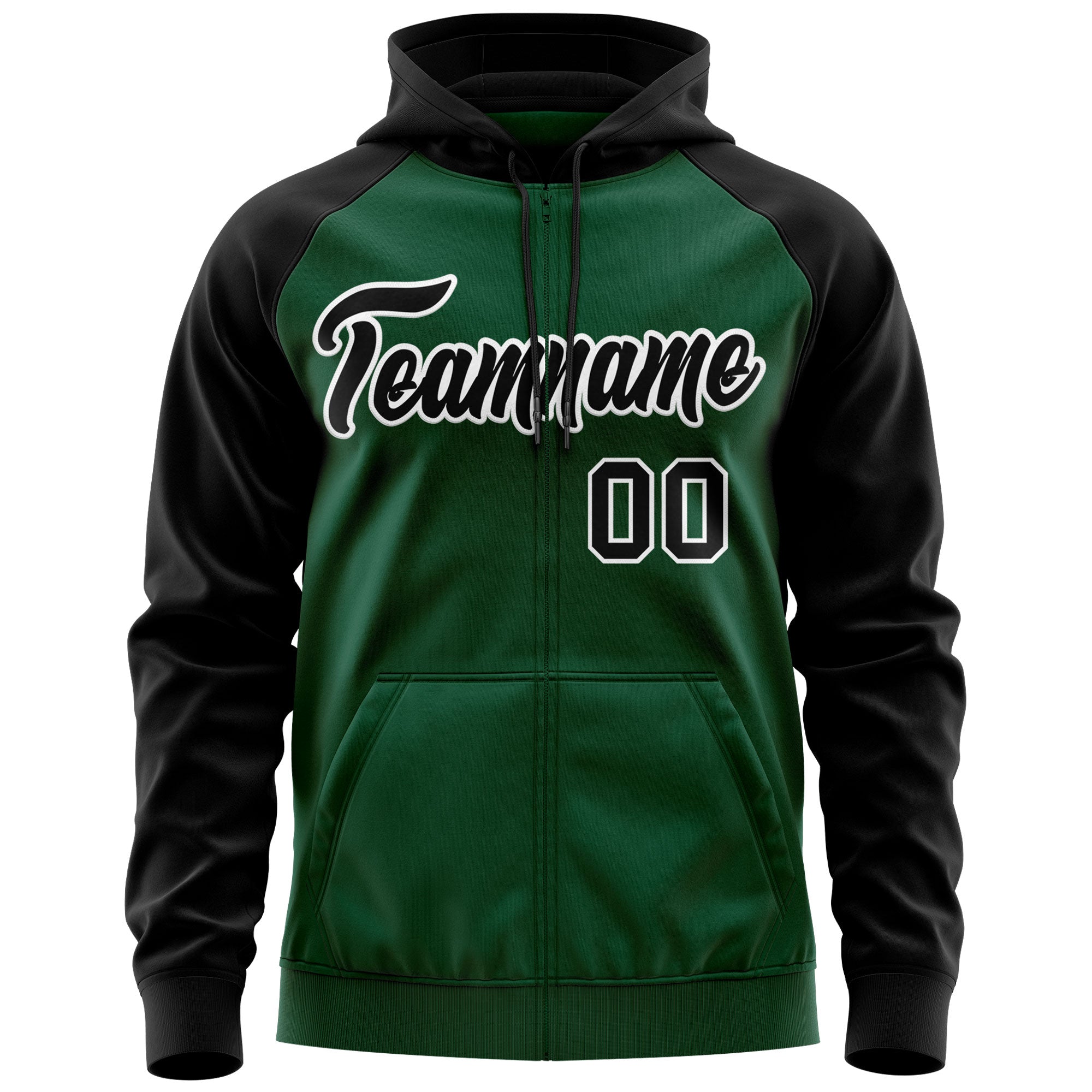Custom Stitched Green Black-White Raglan Sleeves Sports Full-Zip Sweatshirt Hoodie| KXKSHOP