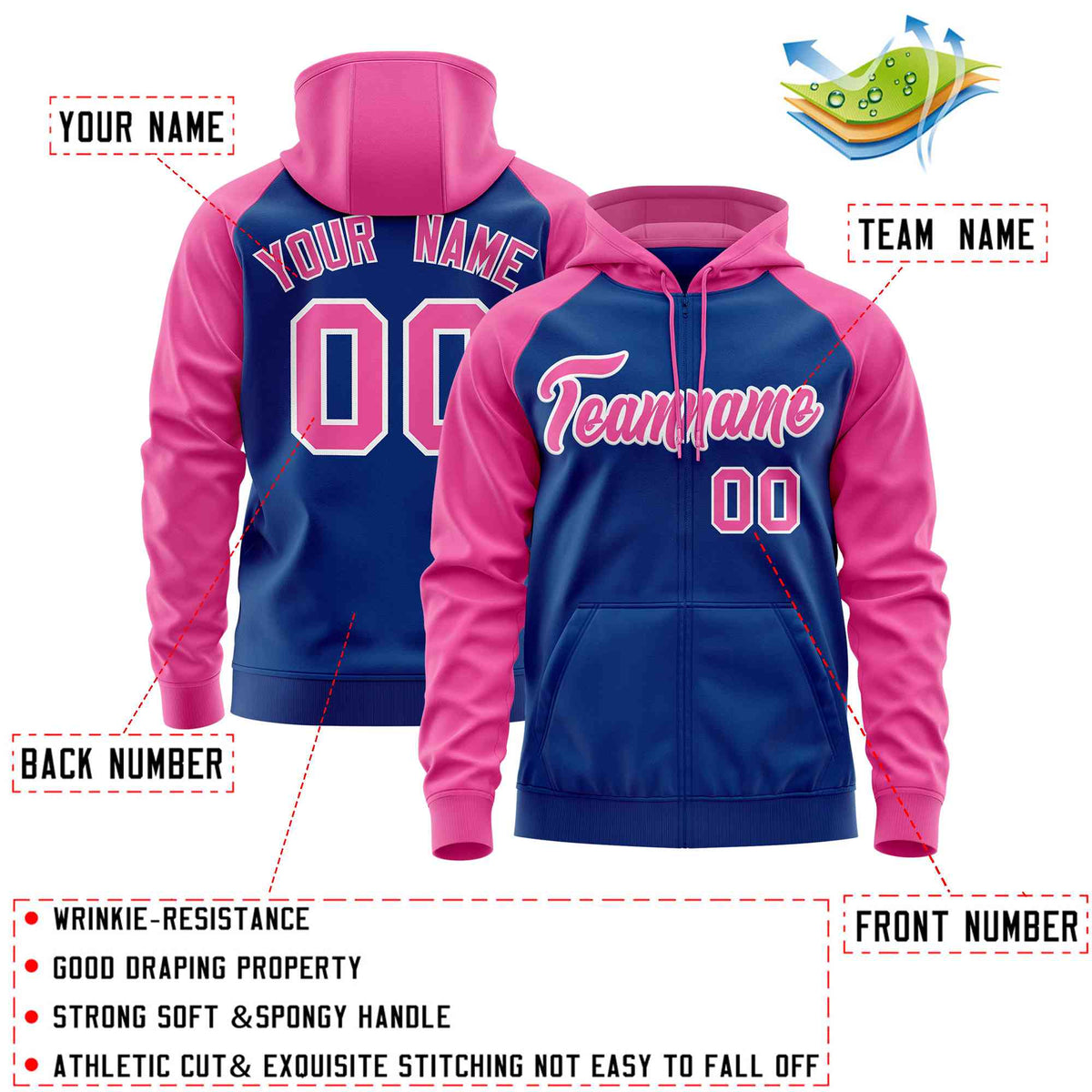 Custom Stitched Royal Pink Raglan Sleeves Sports Full-Zip Sweatshirt Hoodie| KXKSHOP