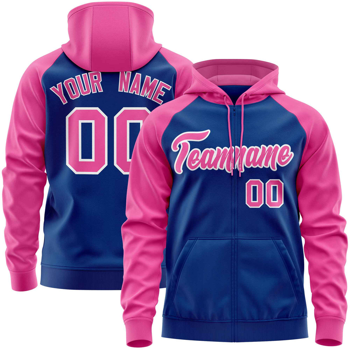 Custom Stitched Royal Pink Raglan Sleeves Sports Full-Zip Sweatshirt Hoodie| KXKSHOP