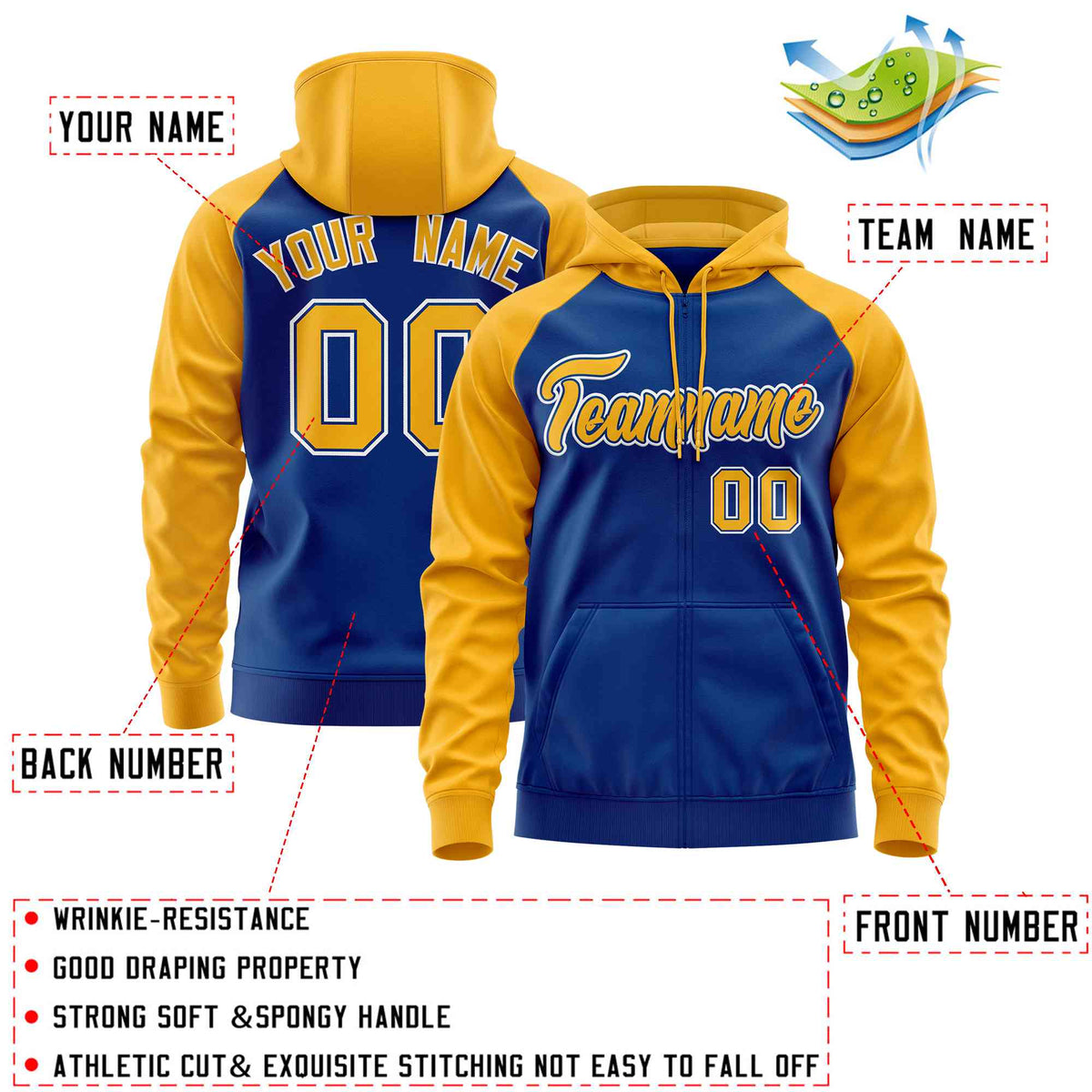 Custom Stitched Royal Gold Raglan Sleeves Sports Full-Zip Sweatshirt Hoodie| KXKSHOP