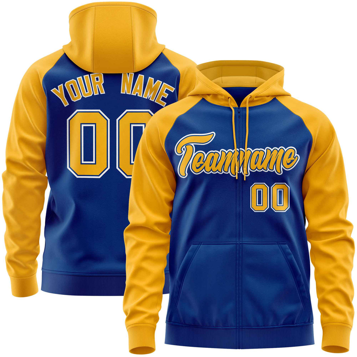 Custom Stitched Royal Gold Raglan Sleeves Sports Full-Zip Sweatshirt Hoodie| KXKSHOP