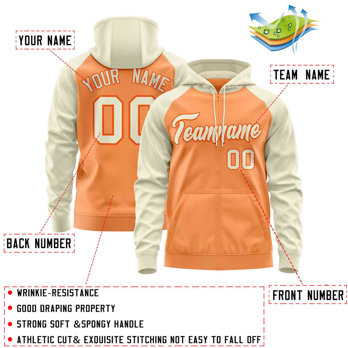 Custom Stitched Light Orange Cream Raglan Sleeves Sports Full-Zip Sweatshirt Hoodie| KXKSHOP