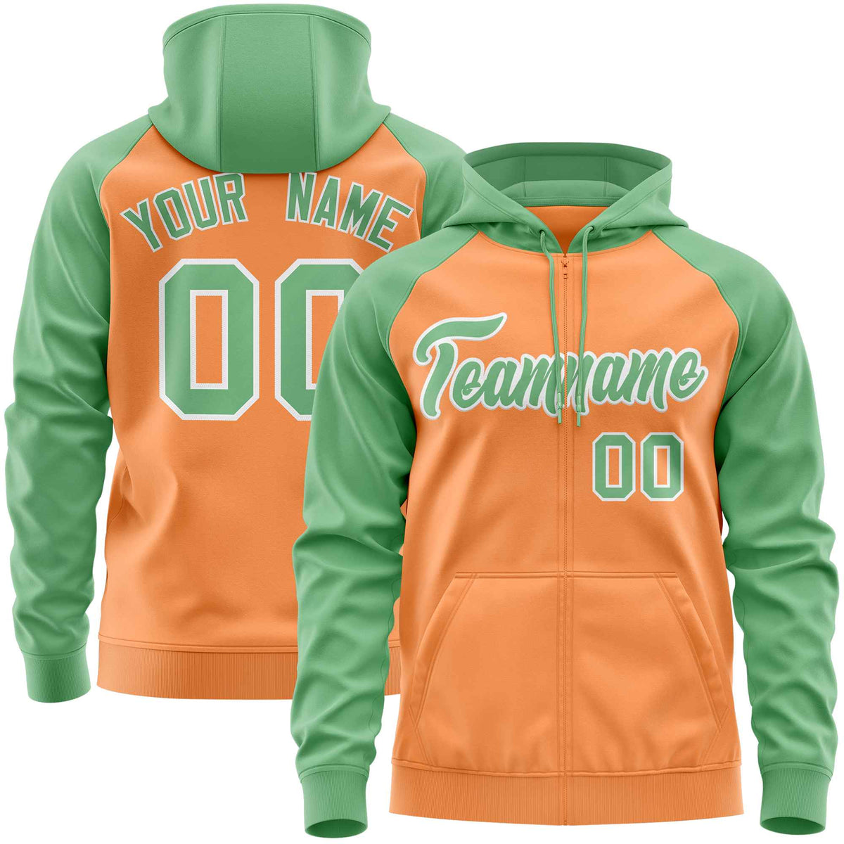Custom Stitched Light Orange Green Raglan Sleeves Sports Full-Zip Sweatshirt Hoodie| KXKSHOP