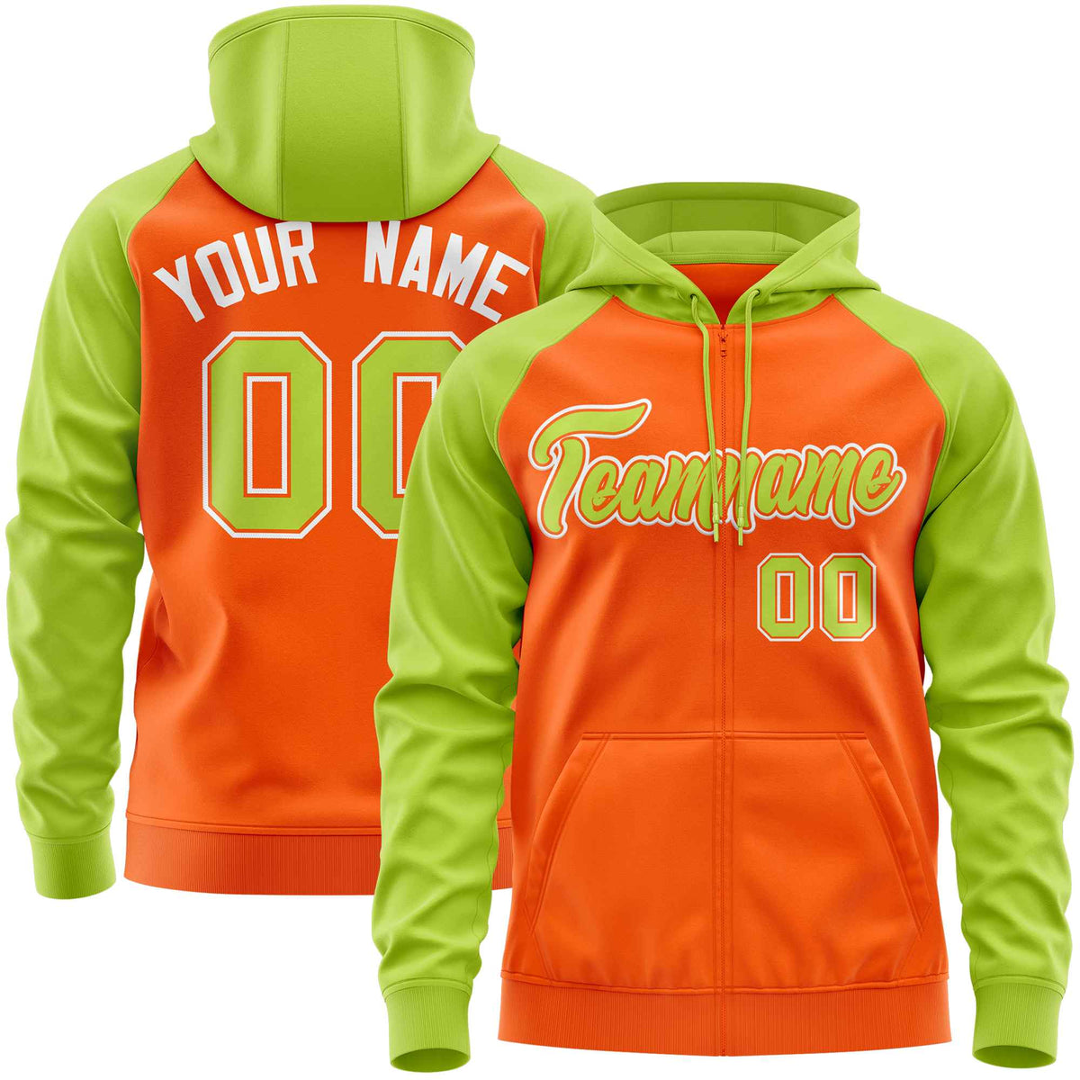 Custom Stitched Orange Neon Green Raglan Sleeves Sports Full-Zip Sweatshirt Hoodie| KXKSHOP