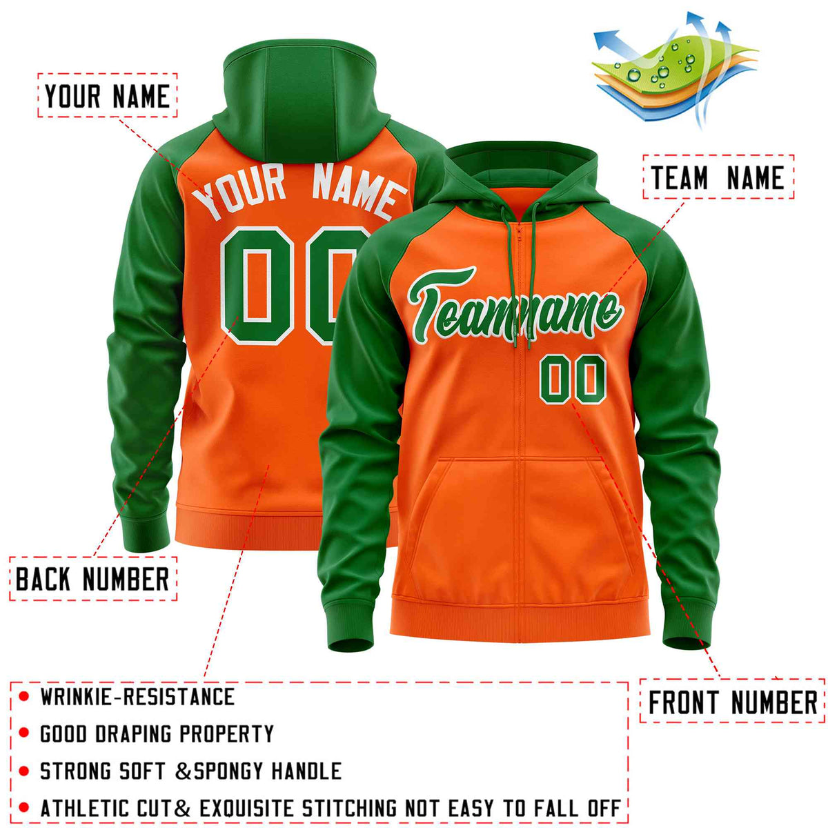 Custom Stitched Orange Kelly Green Raglan Sleeves Sports Full-Zip Sweatshirt Hoodie| KXKSHOP