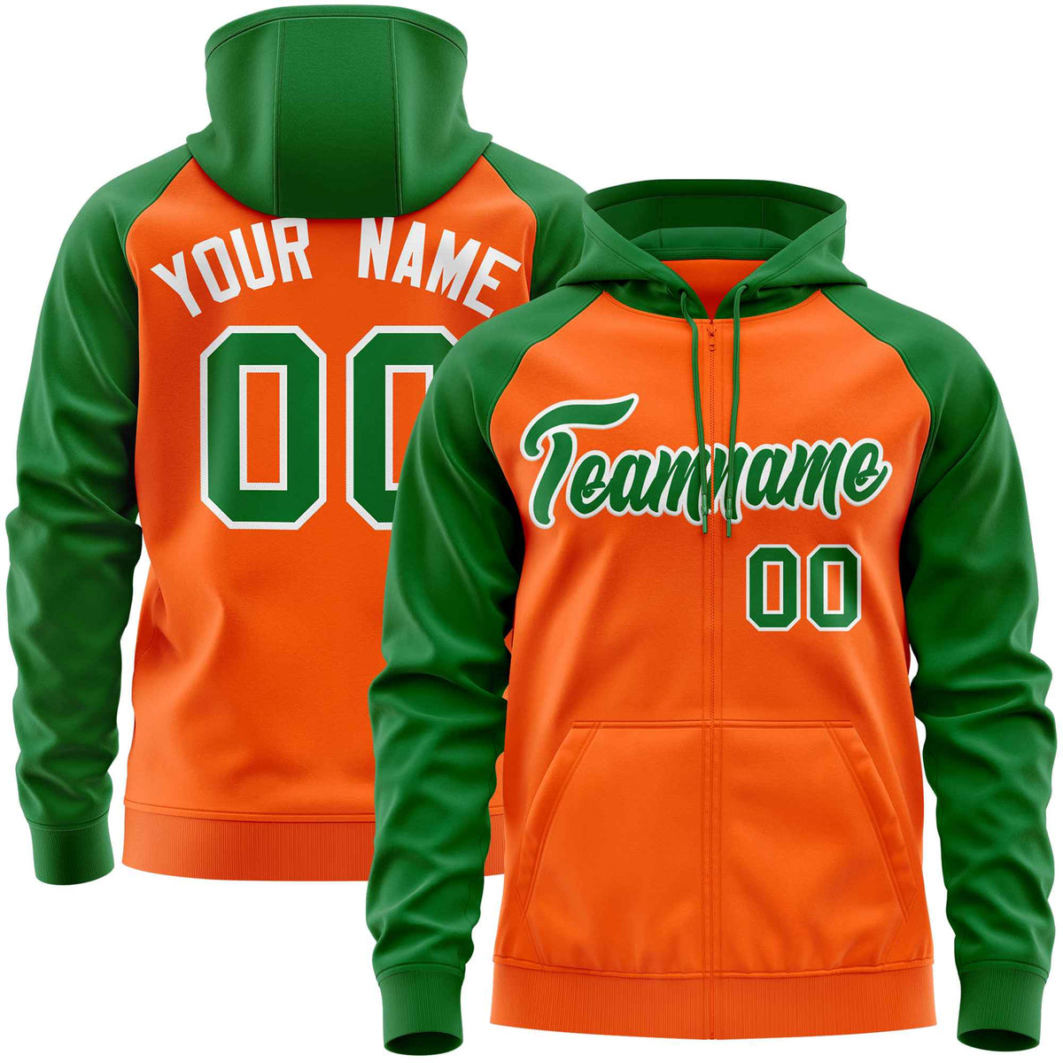 Custom Stitched Orange Kelly Green Raglan Sleeves Sports Full-Zip Sweatshirt Hoodie| KXKSHOP
