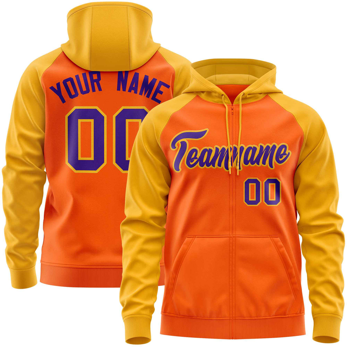 Custom Stitched Orange Gold-Purple Raglan Sleeves Sports Full-Zip Sweatshirt Hoodie| KXKSHOP