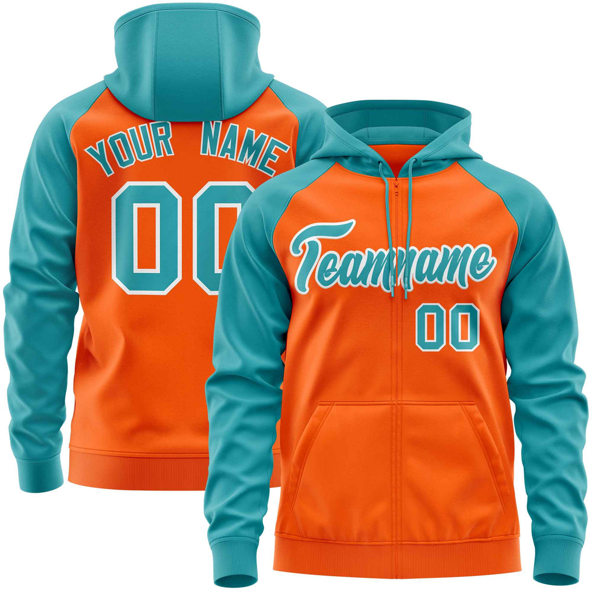 Custom Stitched Orange Aqua Raglan Sleeves Sports Full-Zip Sweatshirt Hoodie| KXKSHOP