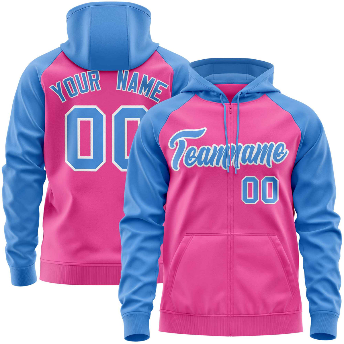 Custom Stitched Pink Powder Blue Raglan Sleeves Sports Full-Zip Sweatshirt Hoodie| KXKSHOP