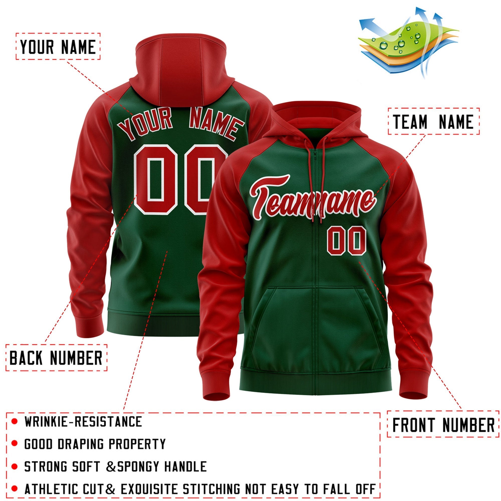 Custom Stitched Green Red-White Raglan Sleeves Sports Full-Zip Sweatshirt Hoodie| KXKSHOP