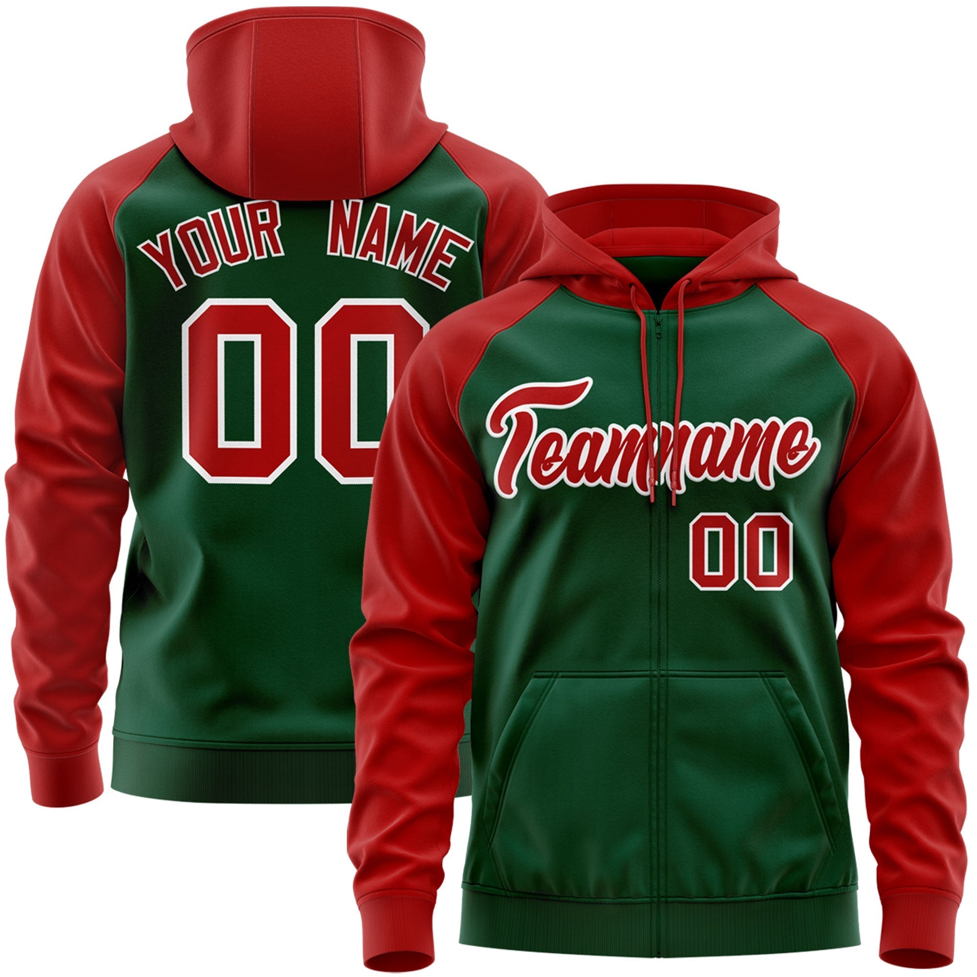 Custom Stitched Green Red-White Raglan Sleeves Sports Full-Zip Sweatshirt Hoodie| KXKSHOP