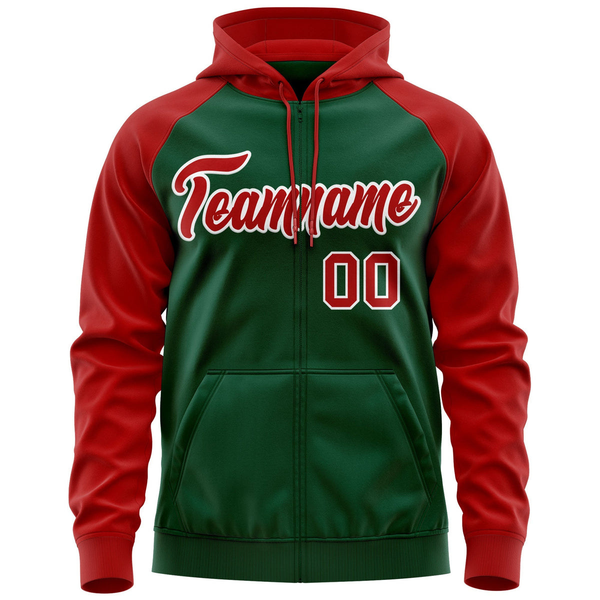 Custom Stitched Green Red-White Raglan Sleeves Sports Full-Zip Sweatshirt Hoodie| KXKSHOP