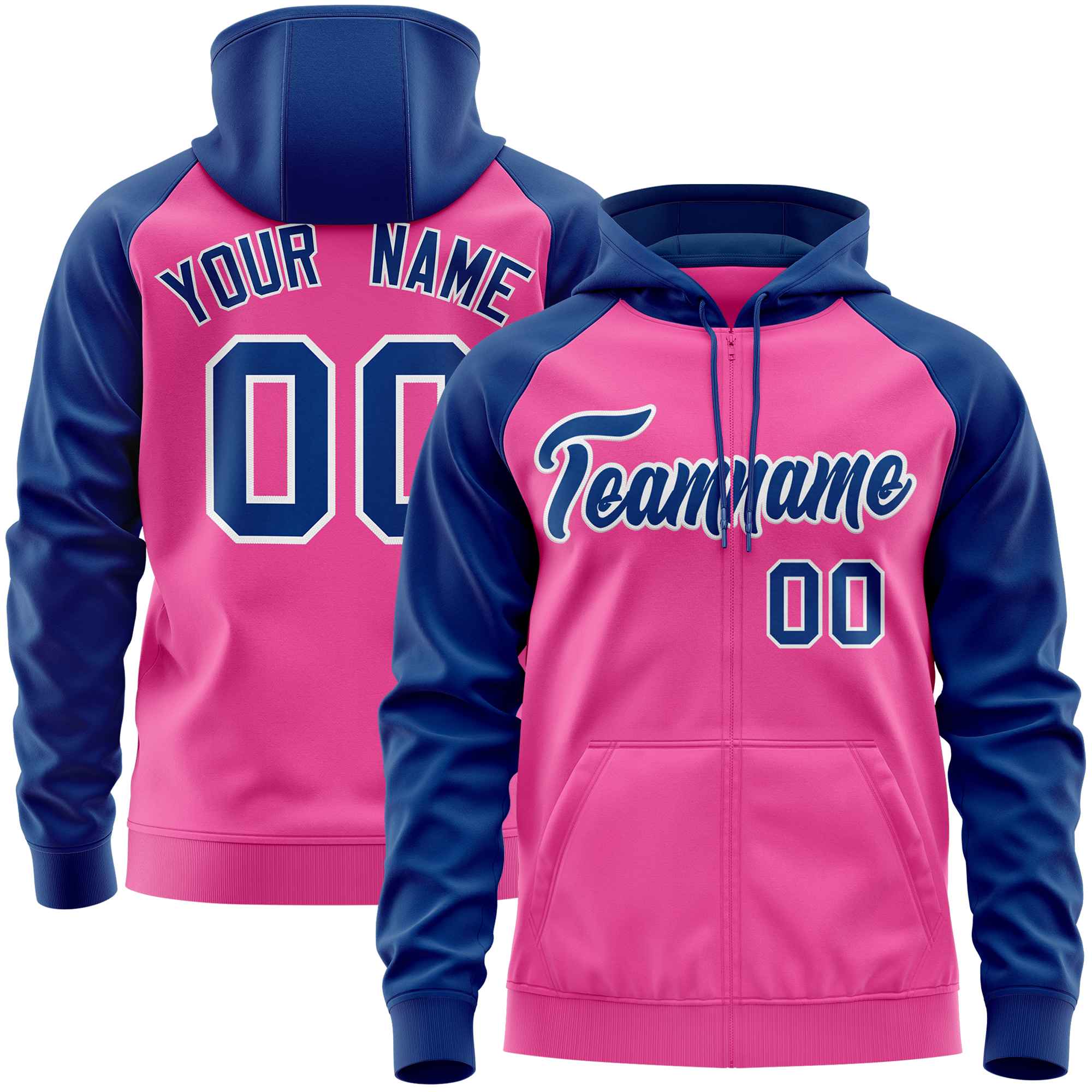 Custom Stitched Pink Royal Raglan Sleeves Sports Full-Zip Sweatshirt Hoodie| KXKSHOP