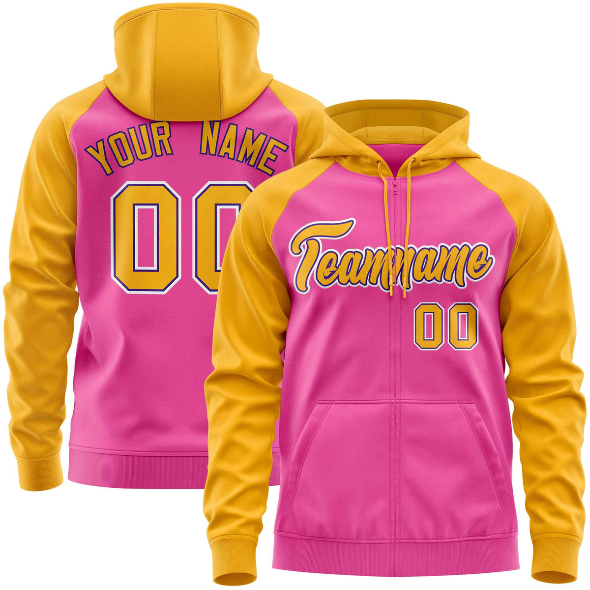 Custom Stitched Pink Gold Raglan Sleeves Sports Full-Zip Sweatshirt Hoodie| KXKSHOP