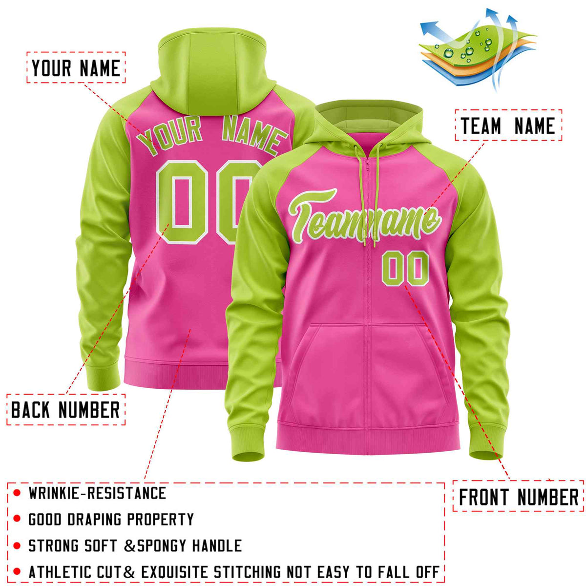 Custom Stitched Pink Neon Green Raglan Sleeves Sports Full-Zip Sweatshirt Hoodie| KXKSHOP