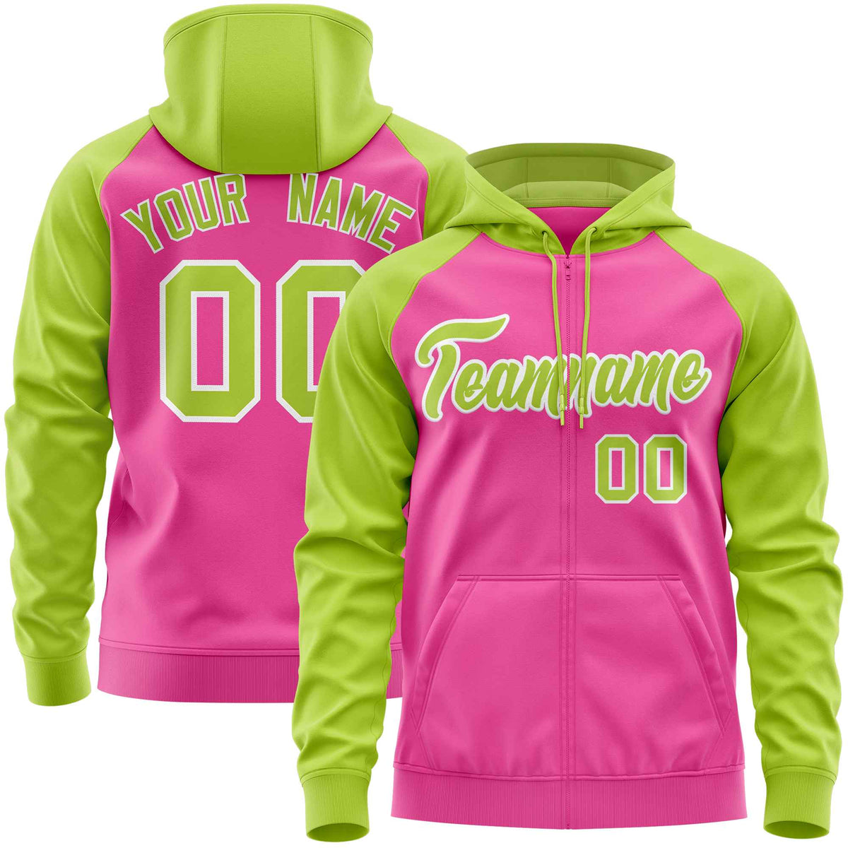 Custom Stitched Pink Neon Green Raglan Sleeves Sports Full-Zip Sweatshirt Hoodie| KXKSHOP