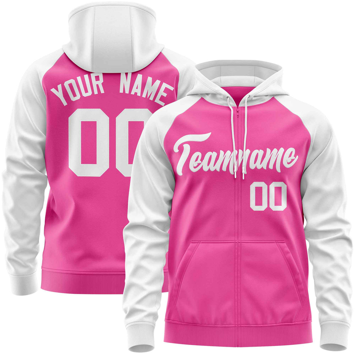 Custom Stitched Pink White Raglan Sleeves Sports Full-Zip Sweatshirt Hoodie| KXKSHOP