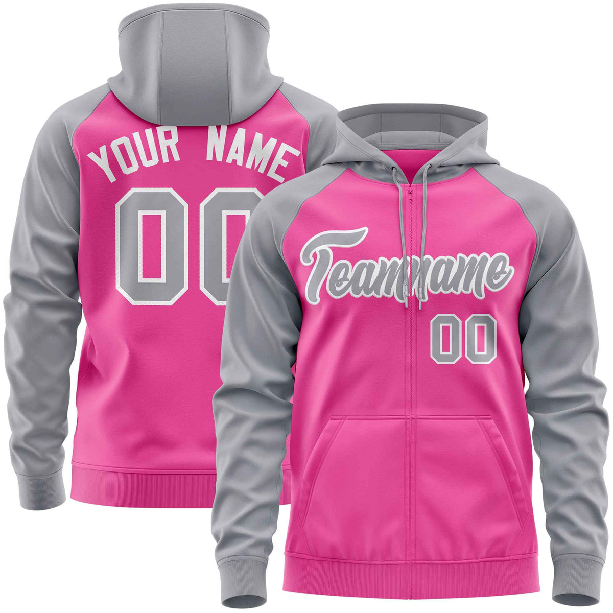 Custom Stitched Pink Light Gray Raglan Sleeves Sports Full-Zip Sweatshirt Hoodie| KXKSHOP
