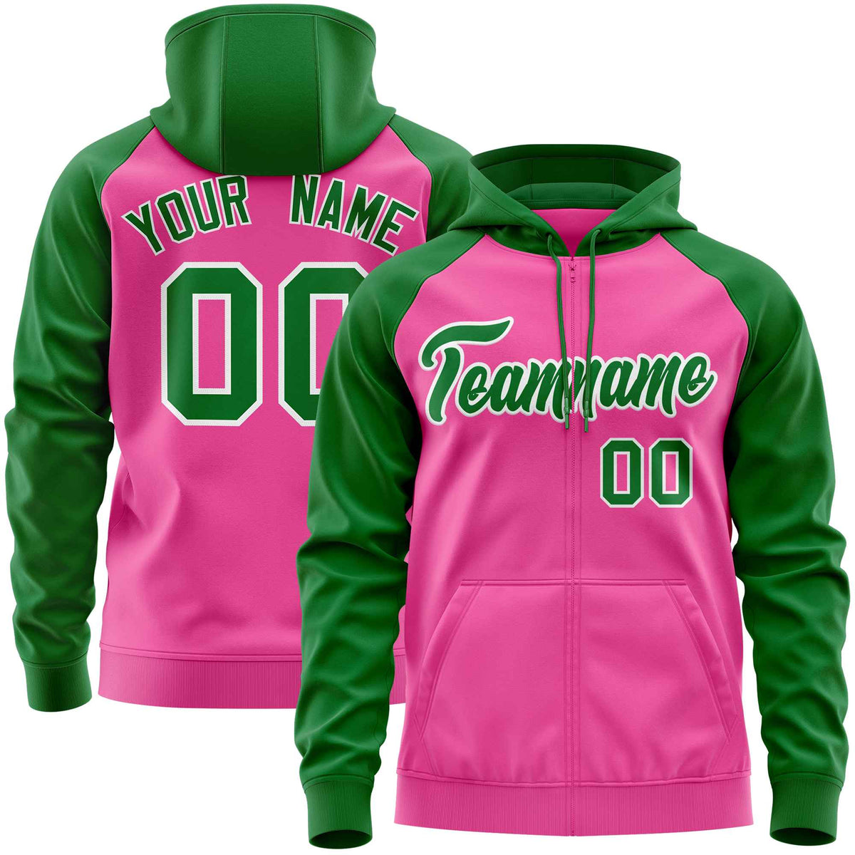 Custom Stitched Pink Kelly Green Raglan Sleeves Sports Full-Zip Sweatshirt Hoodie| KXKSHOP
