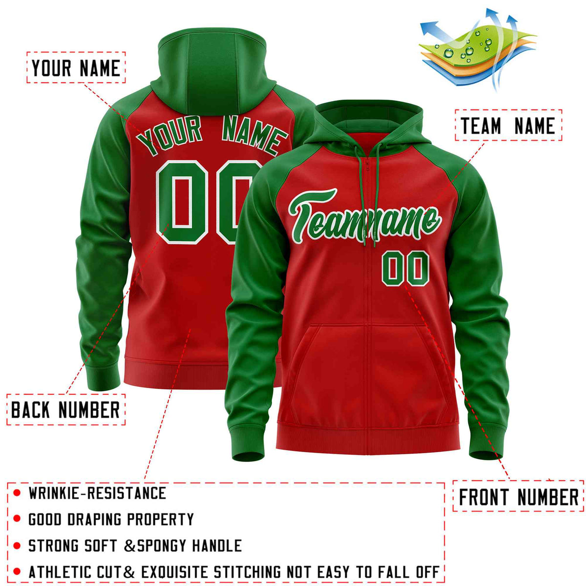 Custom Stitched Red Kelly Green Raglan Sleeves Sports Full-Zip Sweatshirt Hoodie| KXKSHOP