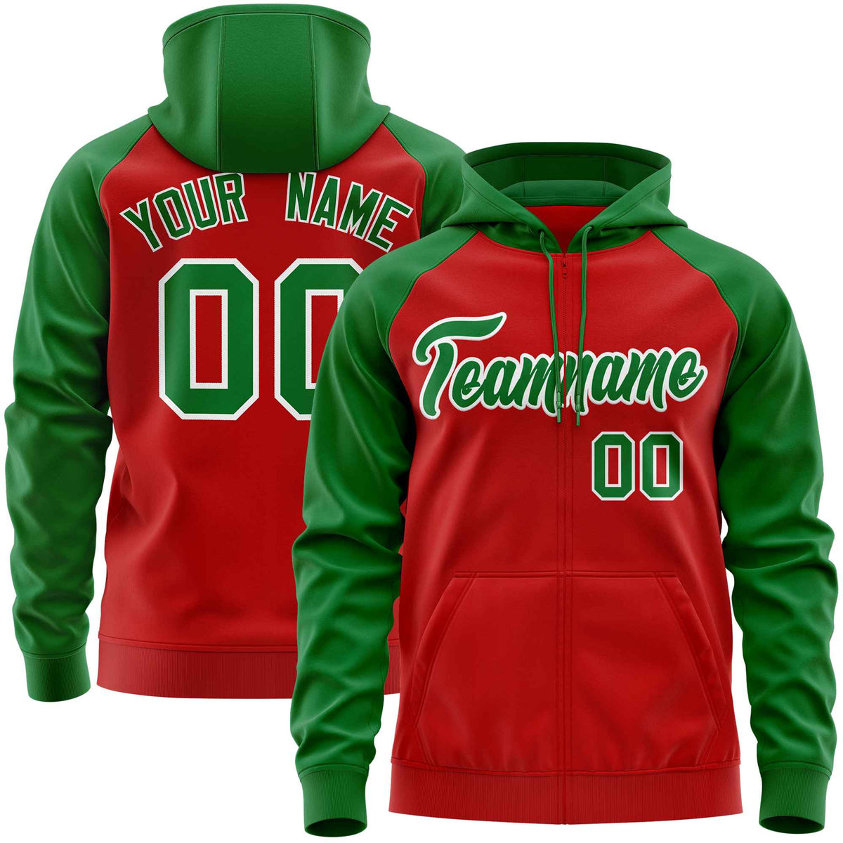 Custom Stitched Red Kelly Green Raglan Sleeves Sports Full-Zip Sweatshirt Hoodie| KXKSHOP
