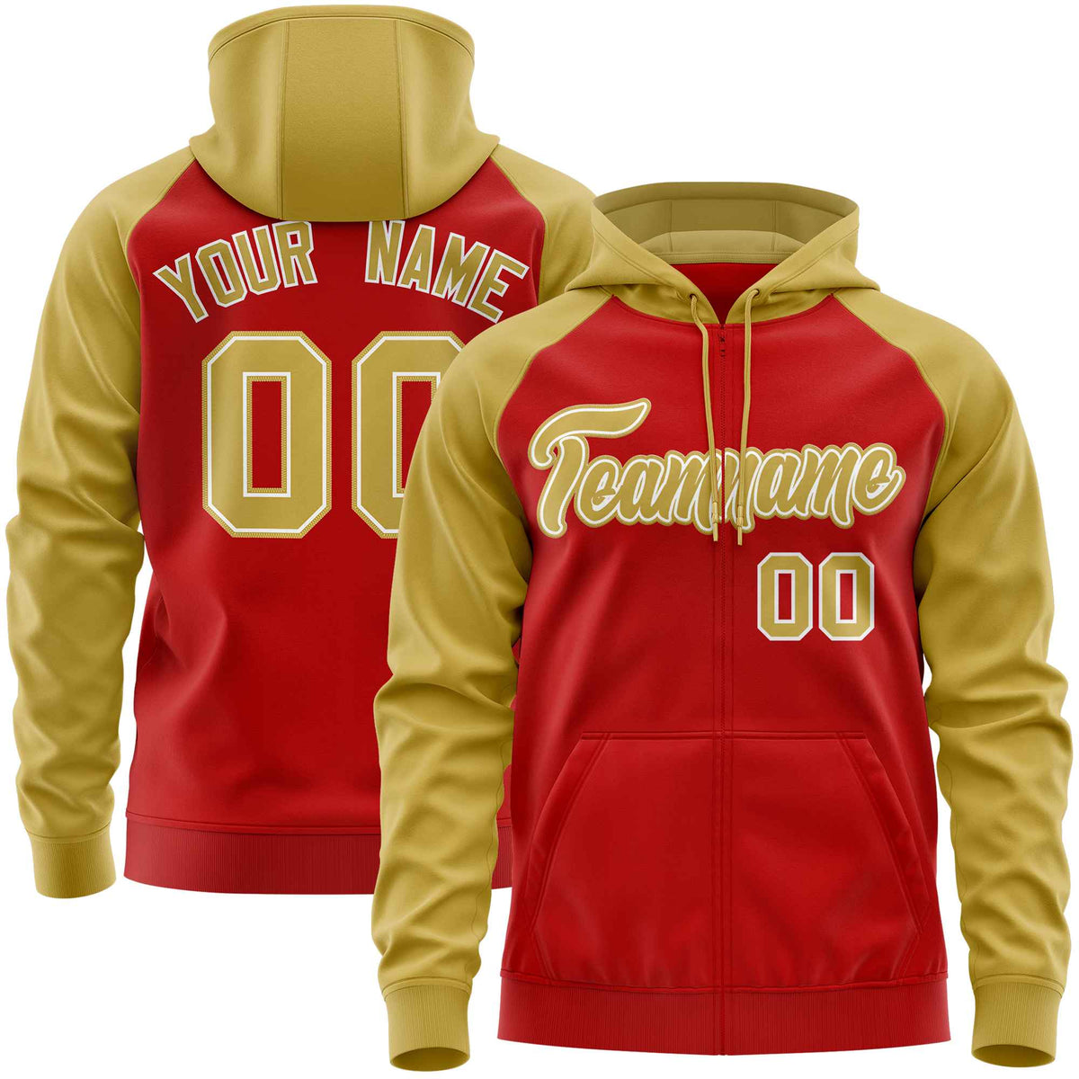 Custom Stitched Red Old Gold Raglan Sleeves Sports Full-Zip Sweatshirt Hoodie| KXKSHOP