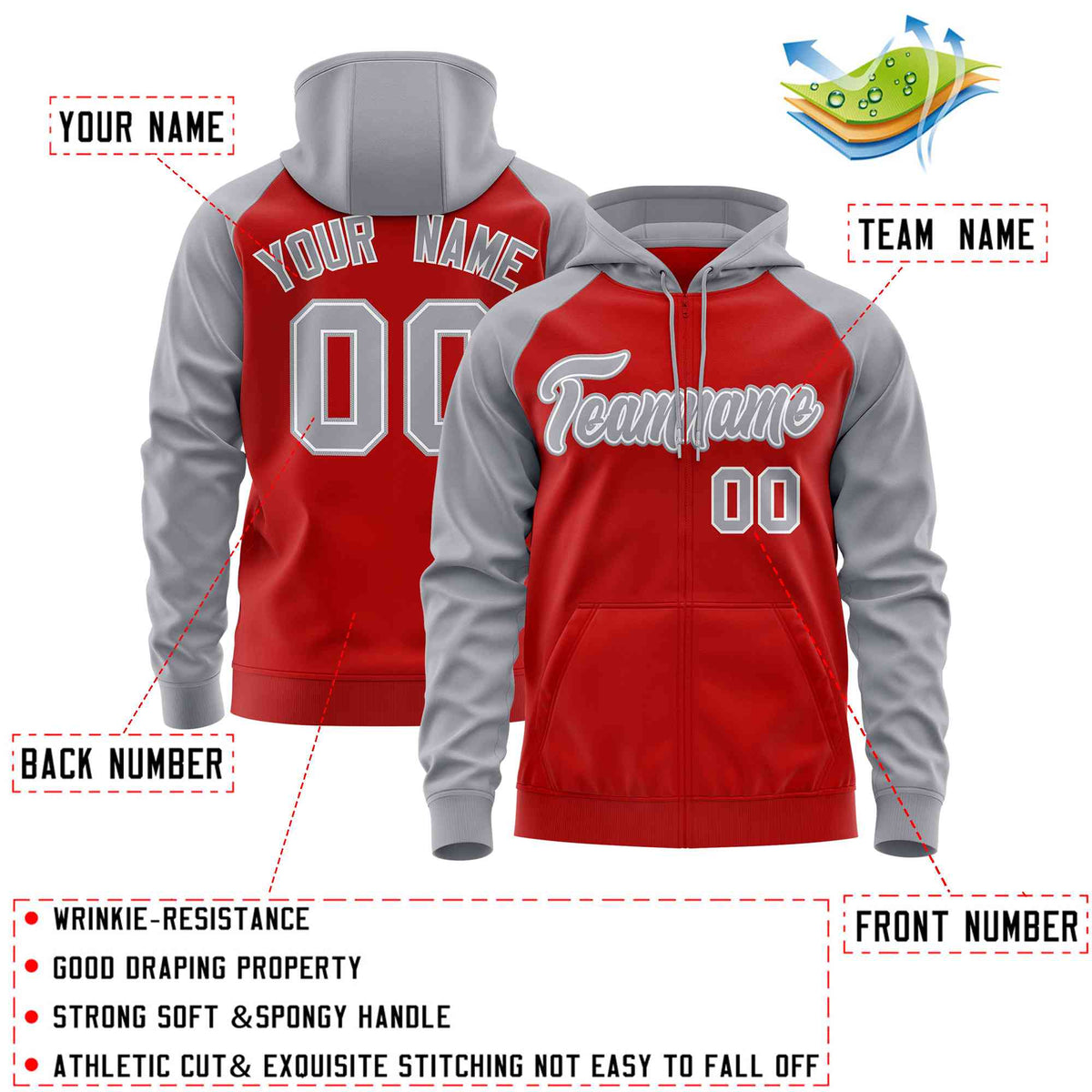 Custom Stitched Red Light Gray Raglan Sleeves Sports Full-Zip Sweatshirt Hoodie| KXKSHOP