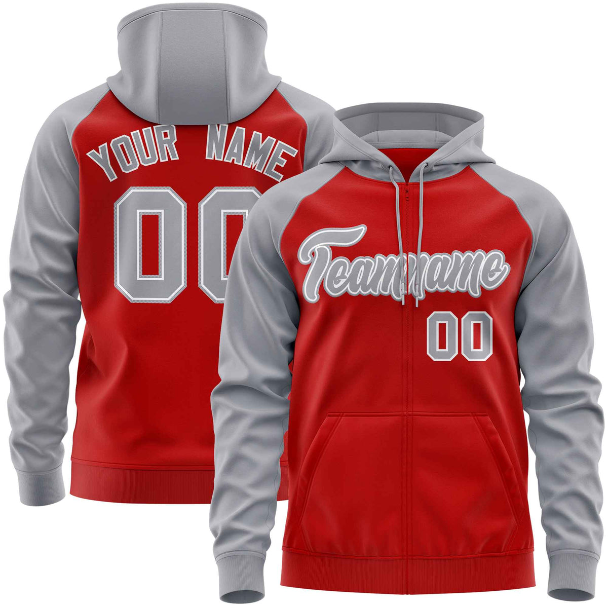 Custom Stitched Red Light Gray Raglan Sleeves Sports Full-Zip Sweatshirt Hoodie| KXKSHOP