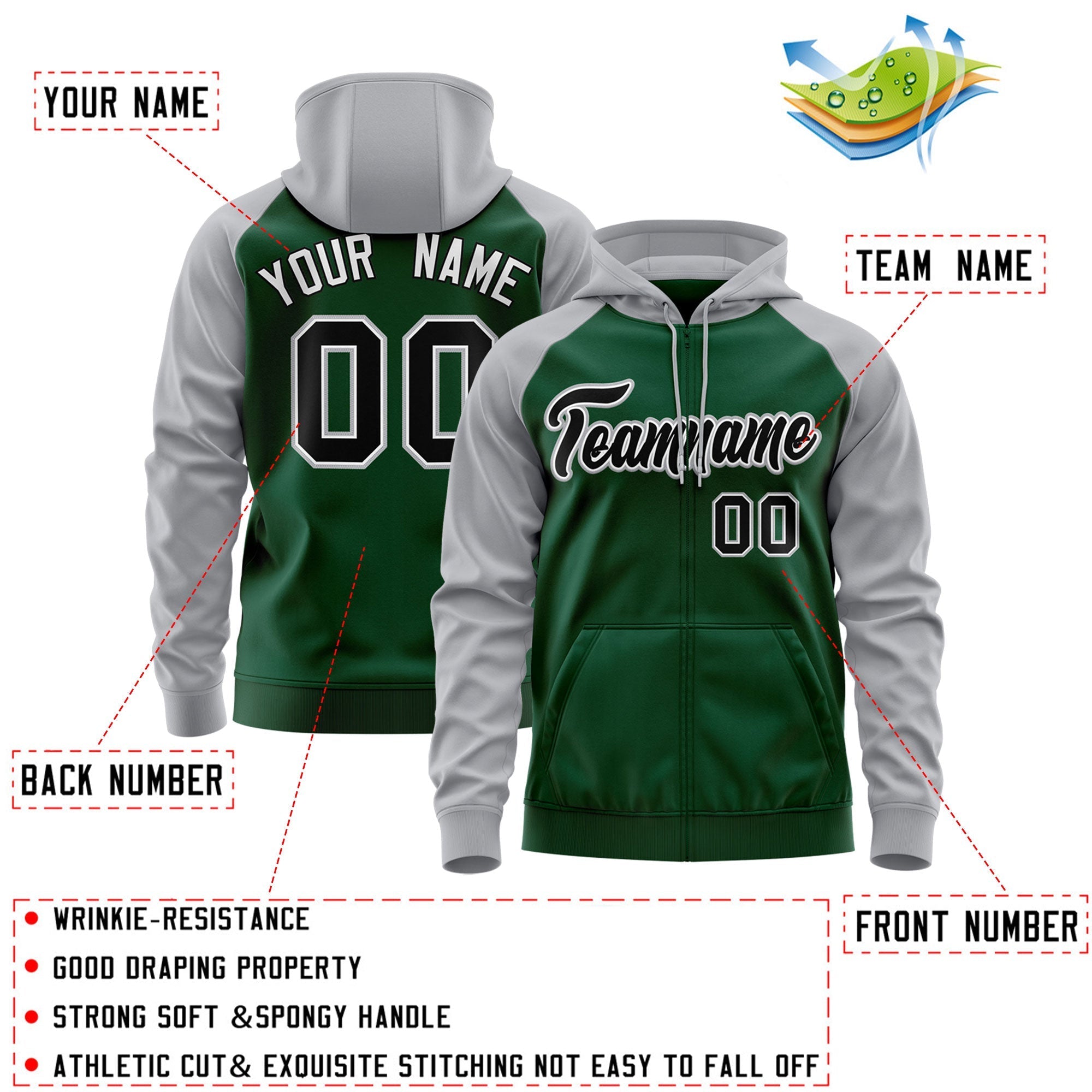 Custom Stitched Green Black-Gray Raglan Sleeves Sports Full-Zip Sweatshirt Hoodie| KXKSHOP