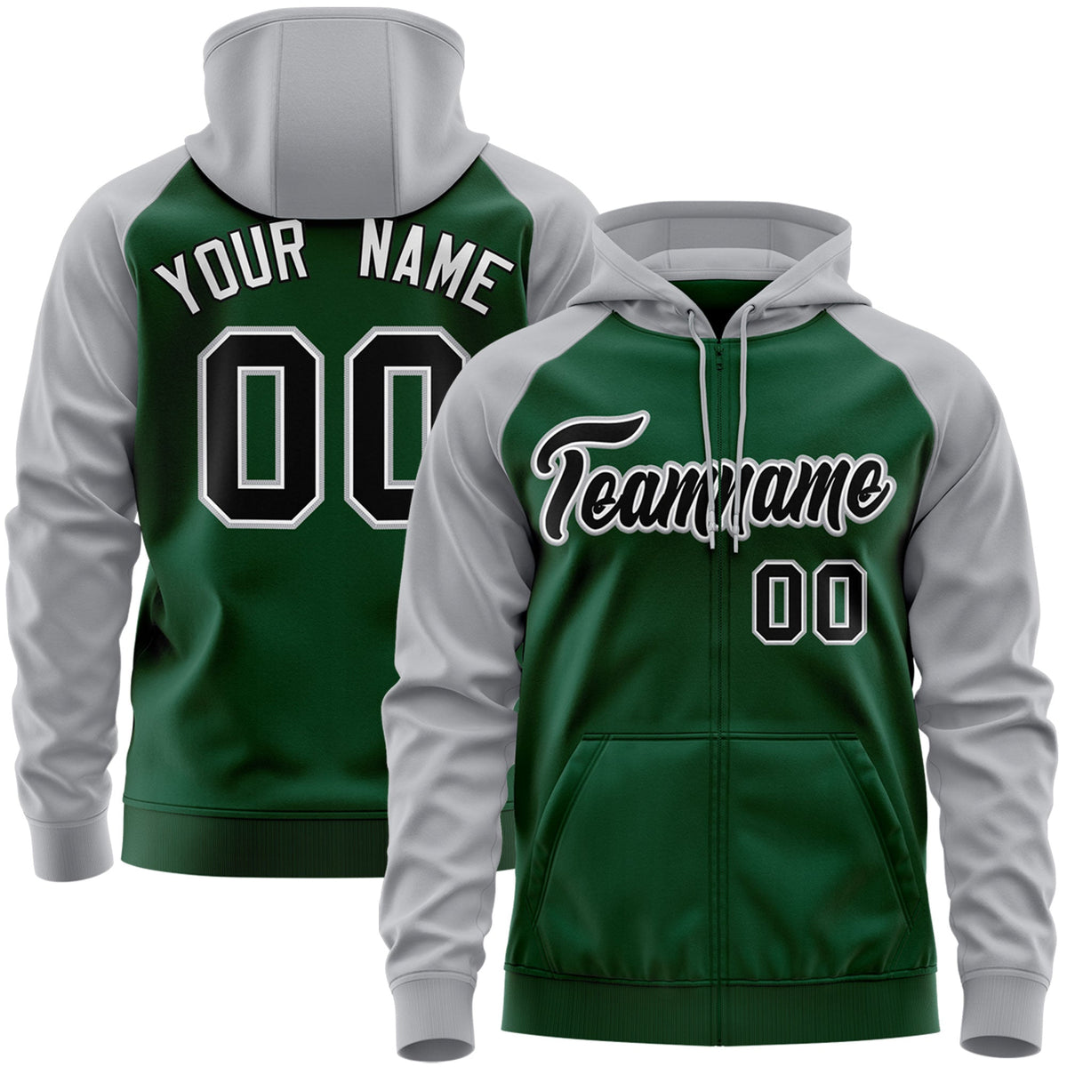 Custom Stitched Green Black-Gray Raglan Sleeves Sports Full-Zip Sweatshirt Hoodie| KXKSHOP
