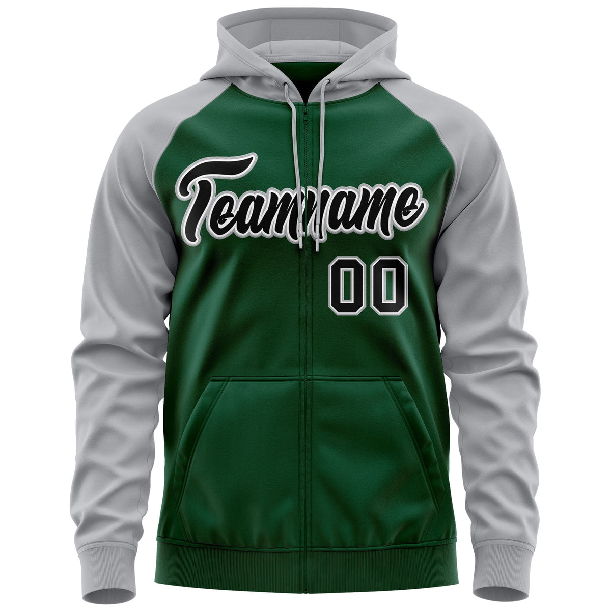 Custom Stitched Green Black-Gray Raglan Sleeves Sports Full-Zip Sweatshirt Hoodie| KXKSHOP