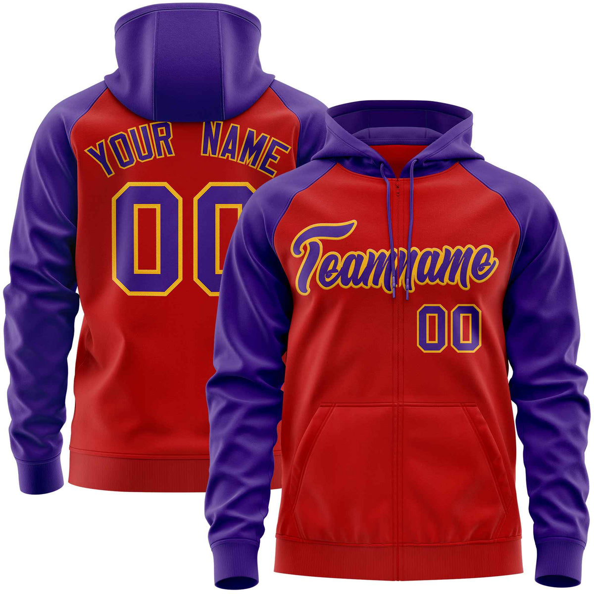 Custom Stitched Red Purple Raglan Sleeves Sports Full-Zip Sweatshirt Hoodie| KXKSHOP